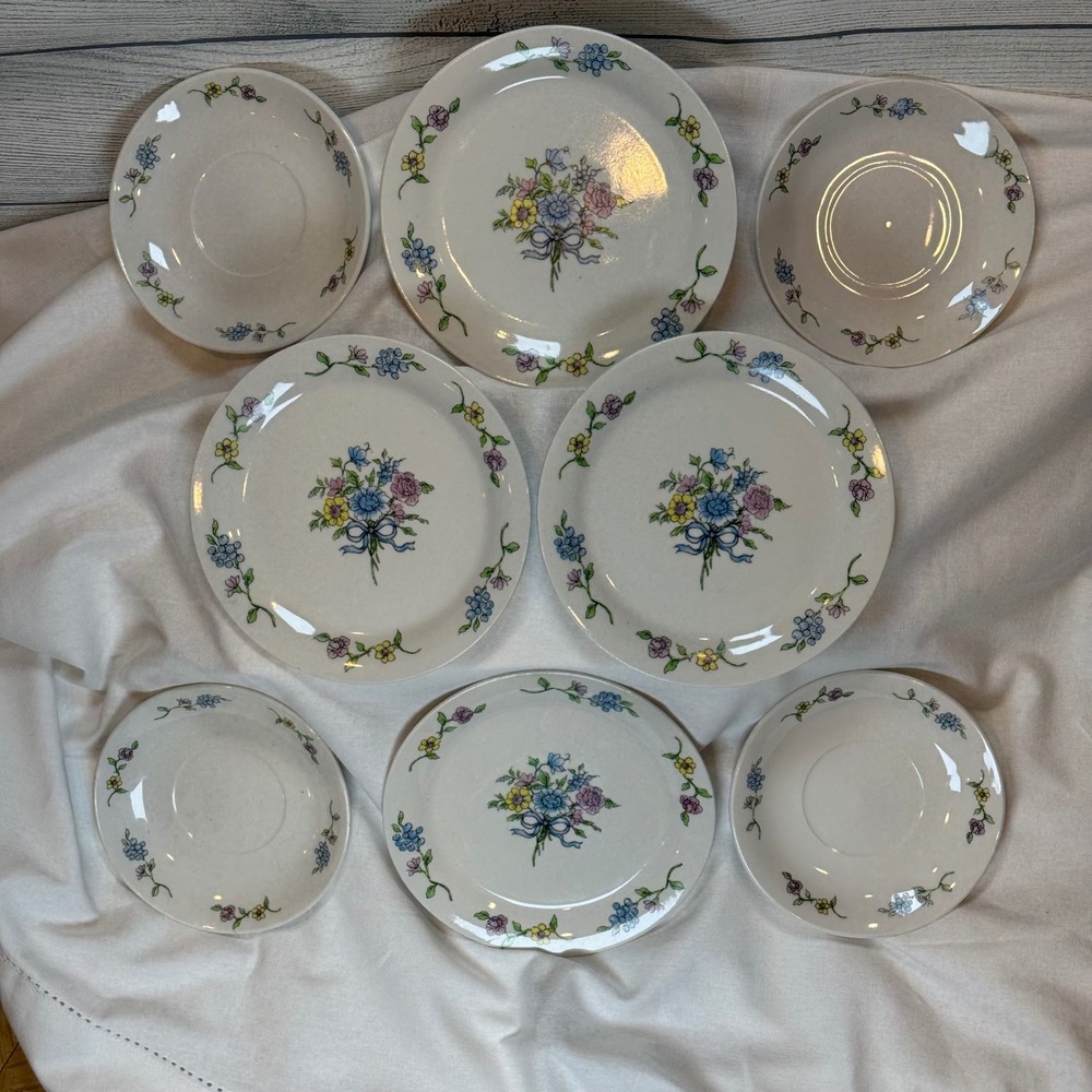 Tabletops Unlimited Victorian Bouquet Salad Plates Saucers Set 8pc Floral Blue